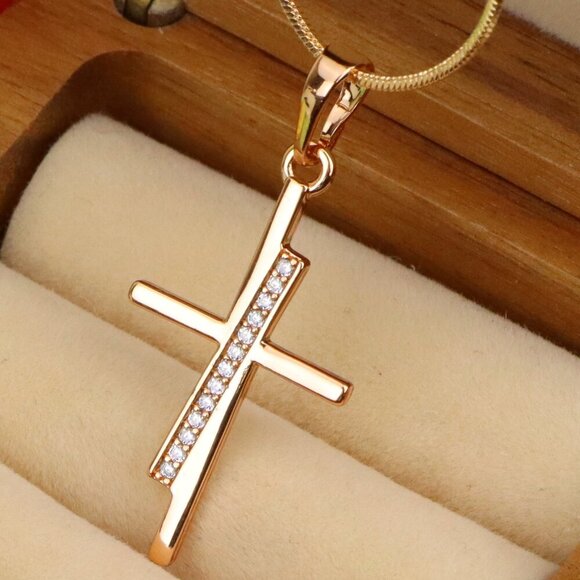 "Elegant Rose Gold Cross Pendant with Embedded CZ Accents, XPPT1266 - Picture 1 of 13
